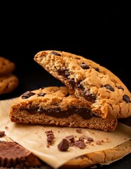 Una deliciosa galleta neoyorquina abierta por la mitad, se trata de una galleta con pepitas de chocolate y rellena de un suave chocolate para untar