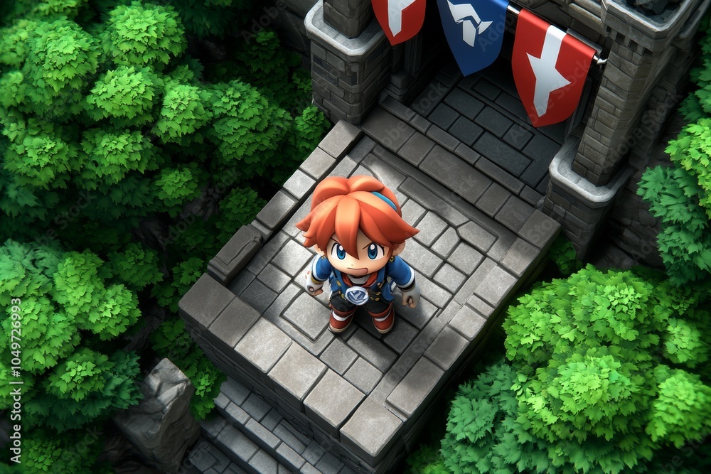 Poster a pixel art character taking over a retro video game castle, standing at the entrance with pixelated