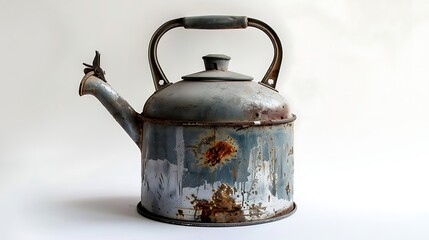 Old rusty iron kettle isolated on white background