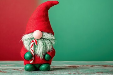 Plush gnome with red hat and candy cane on green background