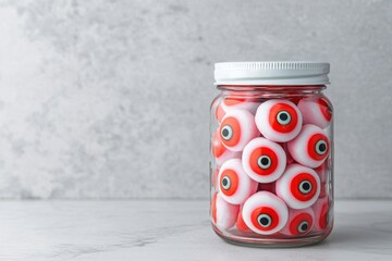 Jar filled with whimsical candy eyeballs against a textured background.