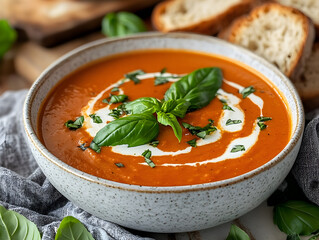 A bowl of creamy tomato soup garnished with fresh basil and a swirl of cream, with toasted bread slices in the background.