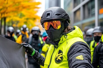 Obraz premium A protester taking down a large banner during a demonstration, showing the power of activism