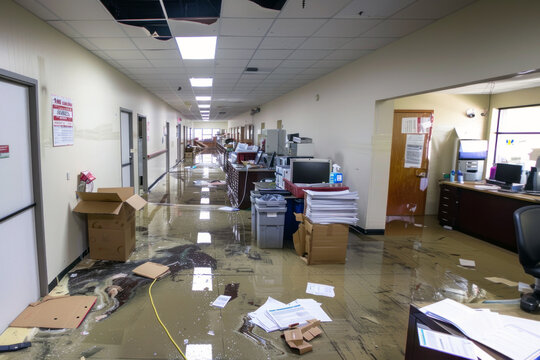 Water damage visible in an office space with scattered papers and furniture, reflecting the extensive cleanup required after flooding.