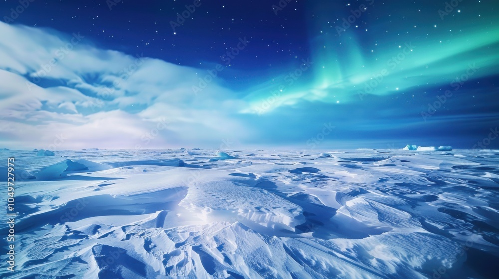 Poster A captivating view of a remote ice field with intricate, fractal-like ice patterns and a rare, deep blue aurora borealis casting a celestial glow across the frozen expanse
