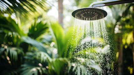 Refreshing outdoor shower surrounded by lush greenery in a serene garden setting