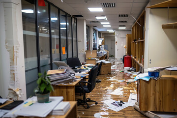 An office corridor flooded, showing damaged documents and disarray, illustrating the disruptive effects of water damage.