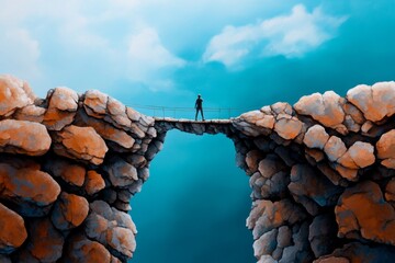 Obraz premium A soft watercolor painting of a person taking a risk by walking across a narrow bridge suspended over a deep canyon, with vibrant blues and greens blending in the landscape