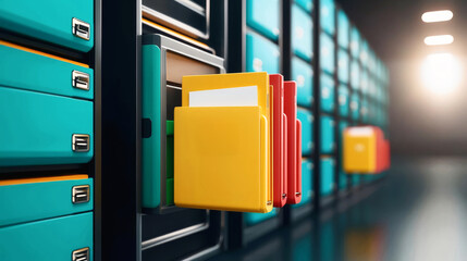 Database file management concept, document management, cloud file storage, online database rental service, search for important document files in the organizations database