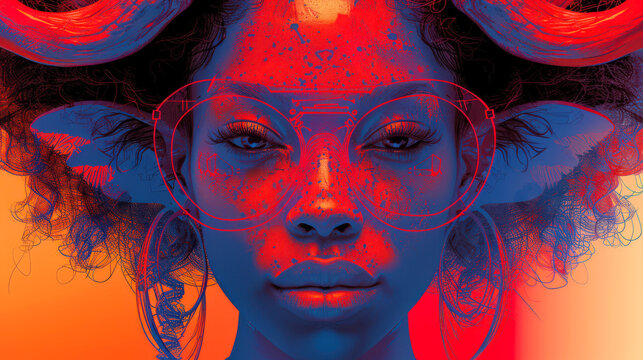 Glamorous aries. A beautiful young woman in viar glasses in red and blue lighting, with horns and ears of a bull. The concept of the horned zodiac sign Aries, Taurus and Capricorn in female form