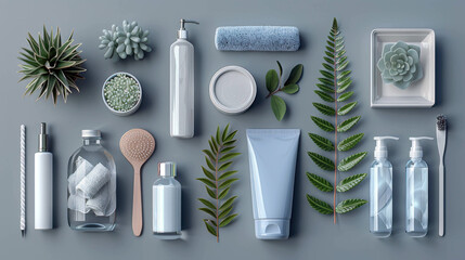 A collection of various items, including a bottle of lotion, a bottle of shampoo, and a bottle of perfume, are arranged on a table. The items are surrounded by plants, giving the scene a natural