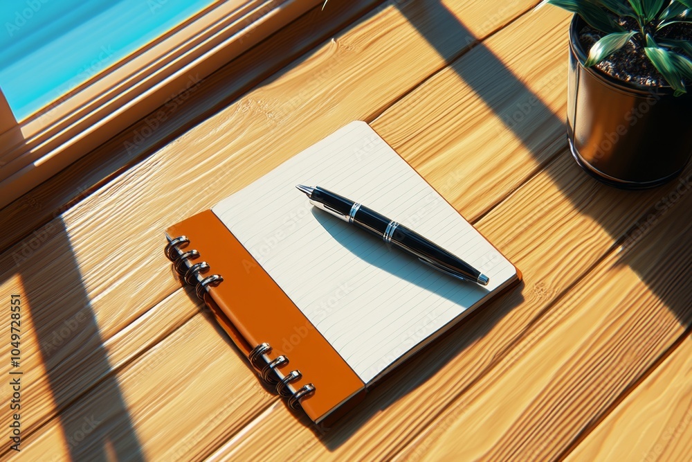 Poster a simple illustration of a notebook and pen, open and ready for someone to take notes in a clean, mi