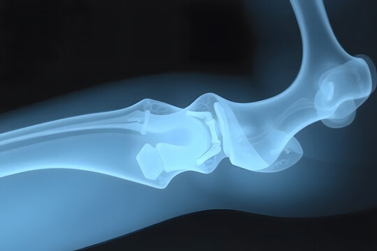 X-ray image of a human knee joint showing bones and joint structure.