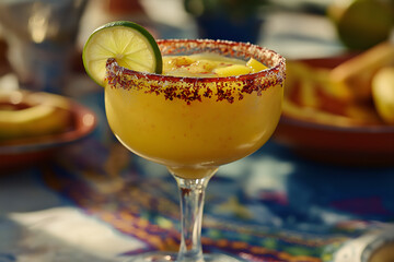 Frozen mango margarita with a chili-salt rim and lime slice, served in a festive glass on a summer-themed table, Cocktail photography