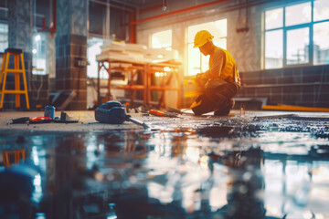 A Caucasian male worker in protective gear repairs water damage in a workshop, focusing on floor restoration after flooding.