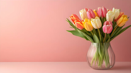 Pink, Yellow, and Orange Tulips in a Glass Vase on a Pink Background - Photo