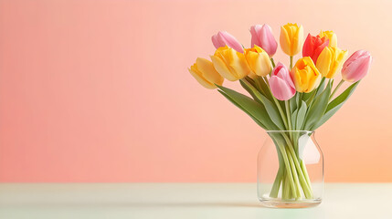 Colorful Tulips in a Glass Vase on a Pink Background - Photo