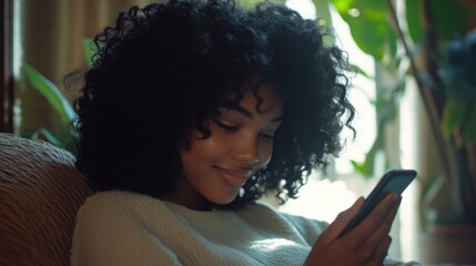 Candid Woman in Casual Clothing Using Cell Phone