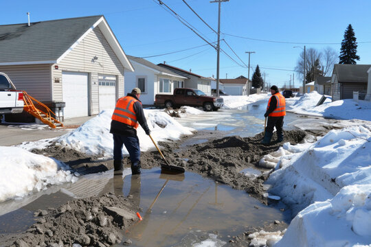 Workers in high-visibility vests clear slush and water from a residential street after snow melt, highlighting municipal maintenance.