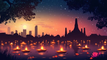 Fototapeta premium Tranquil Loy Krathong Night Illustration with Cityscape