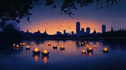 Fototapeta premium Serene Loy Krathong Festival Night Illustration