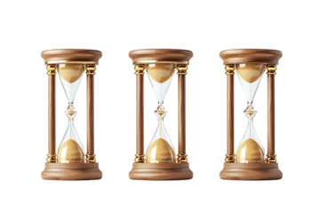 Three elegant hourglasses displaying the passage of time on a white isolated background. isolated on transparent background.