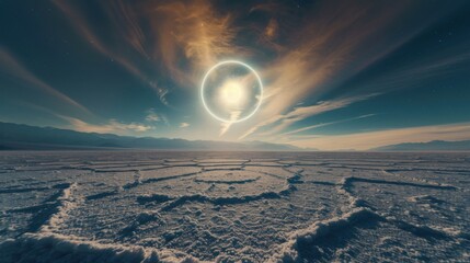 A captivating view of a remote salt flat with intricate, geometric salt polygons and a rare, vivid solar eclipse casting dramatic shadows over the salt formations