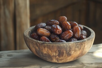 Obraz premium Fresh Dates in Wooden Bowl on Rustic Table