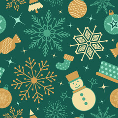 Christmas seamless pattern. Snowflakes,  Christmas ball and ornaments background design for decoration on Christmas card, banner, wrapping, wallpaper, textile, fashion.