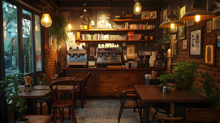 A cozy cafe with exposed brick walls, wood furniture, and a vintage feel.