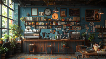 Naklejka premium A cozy coffee shop with a rustic wooden counter and shelves, decorated with plants, vintage items, and framed photos.