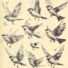 Obraz premium Black and white sketch of birds in various poses, depicted in a simple, minimalist style