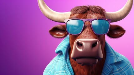 Aurochs wearing glasses. An anthopomorphic creature. A fictional character for advertising and marketing. Humorous character for graphic design.