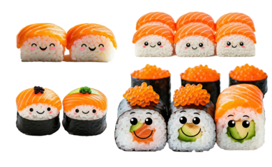 set bundle of mouth-watering funny asian kitchen sushi rolls with salmon, rice, avocado, seafood for children, funny smiling cartoon or anime style on the character's faces white backround isolated