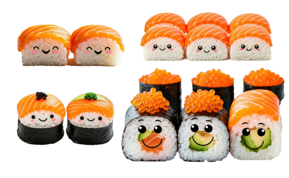 set bundle of mouth-watering funny asian kitchen sushi rolls with salmon, rice, avocado, seafood for children, funny smiling cartoon or anime style on the character's faces white backround isolated - Powered by Adobe