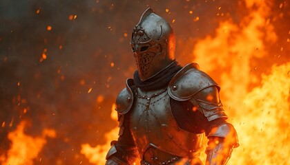Fototapeta premium a knight in a armor with flames in the background