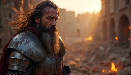 a knight in a armor with a sword in the background.