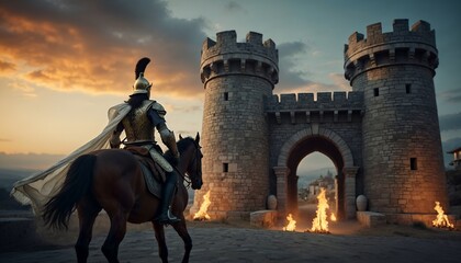 a knight on a horse is looking at a castle.