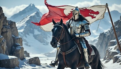 Naklejka premium a knight on a horse with a flag on his chest.