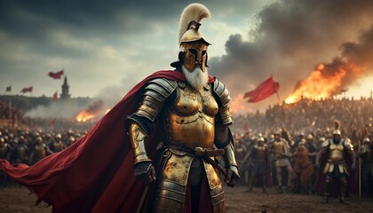 a knight with a red cape and a red cape stands in front of a crowd of people.