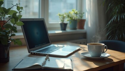 a laptop with a book  and a cup of coffee on cafe