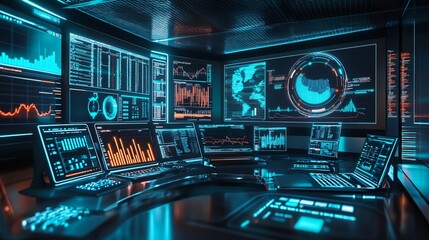 Obraz premium Futuristic Tech Control Room with Multiple Screens Displaying Data and Graphs
