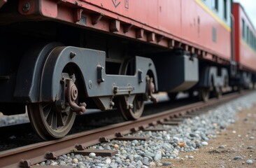 Close-up of vintage train wheels on gravel tracks, capturing industrial details and emphasizing the mechanics of classic railway transportation