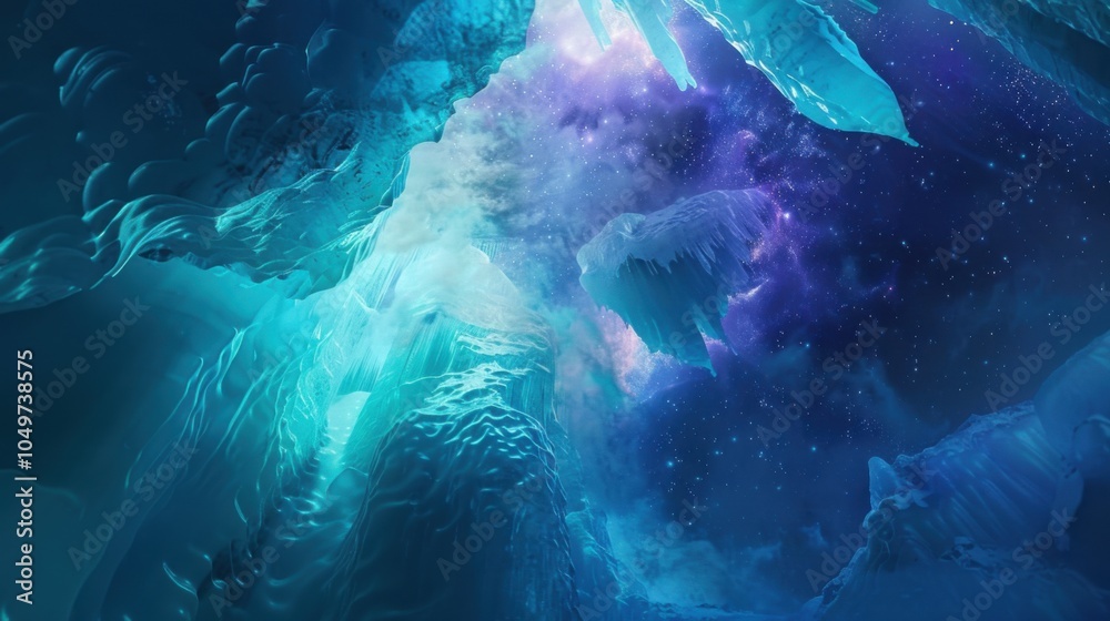 Poster A dramatic perspective of a remote ice cave with intricate, fractal ice structures and a rare, deep blue aurora borealis creating a mesmerizing display in the cave闁炽儲鐛�interior