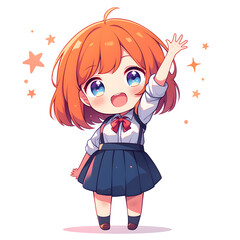 A cute anime girl with orange hair and blue eyes in a school uniform waves with a big smile.