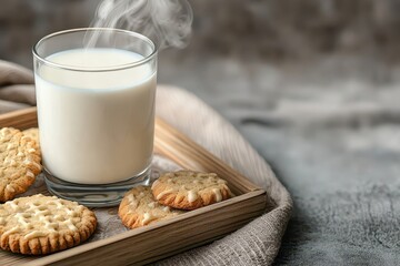 A warm glass of milk with steam sits next to baked cookies on a wooden tray, creating a cozy and inviting atmosphere.