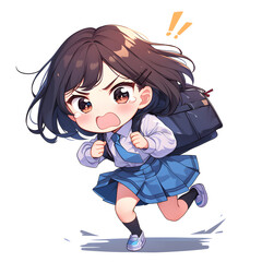 A cute anime school girl with a backpack running with an excited expression.