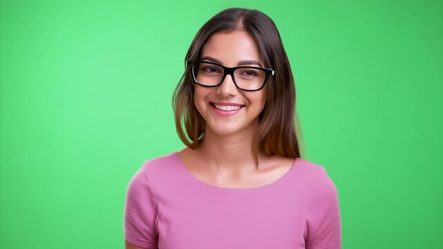 Portrait of a smart nerd woman with glasses on a green background