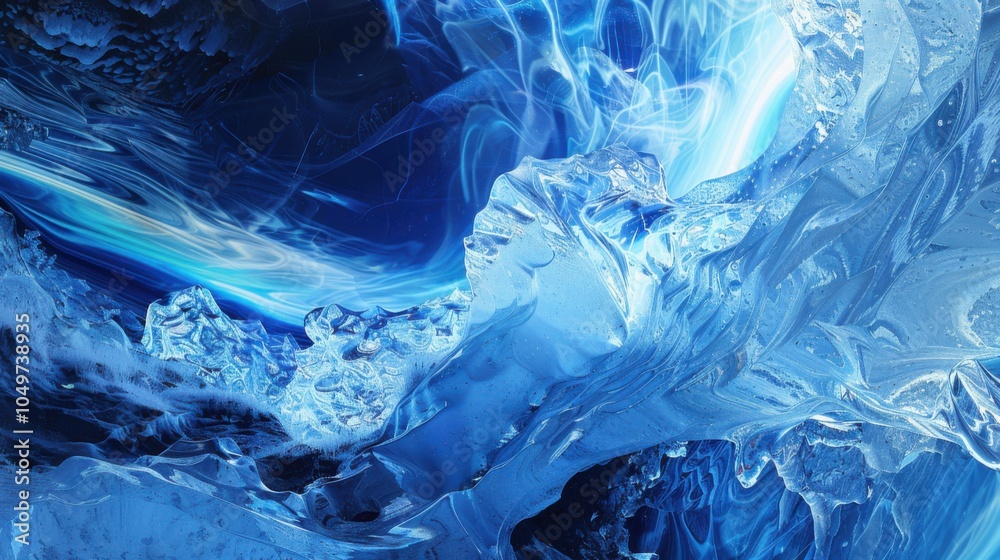 Poster A dramatic perspective of a remote ice cave with intricate, fractal ice structures and a rare, deep blue aurora borealis creating a mesmerizing display in the cave闁炽儲鐛�interior