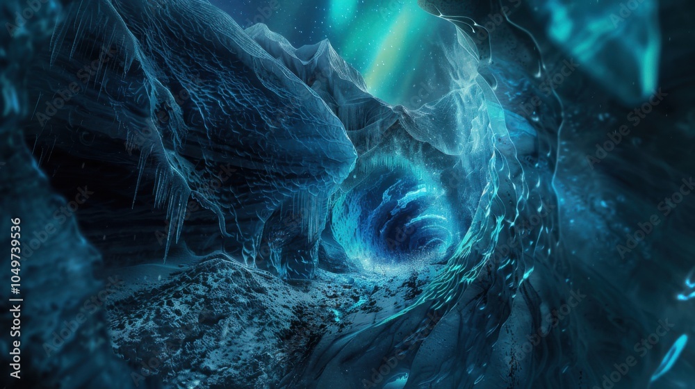Poster A dramatic perspective of a remote ice cave with intricate, fractal ice structures and a rare, deep blue aurora borealis creating a mesmerizing display in the cave闁炽儲鐛�interior